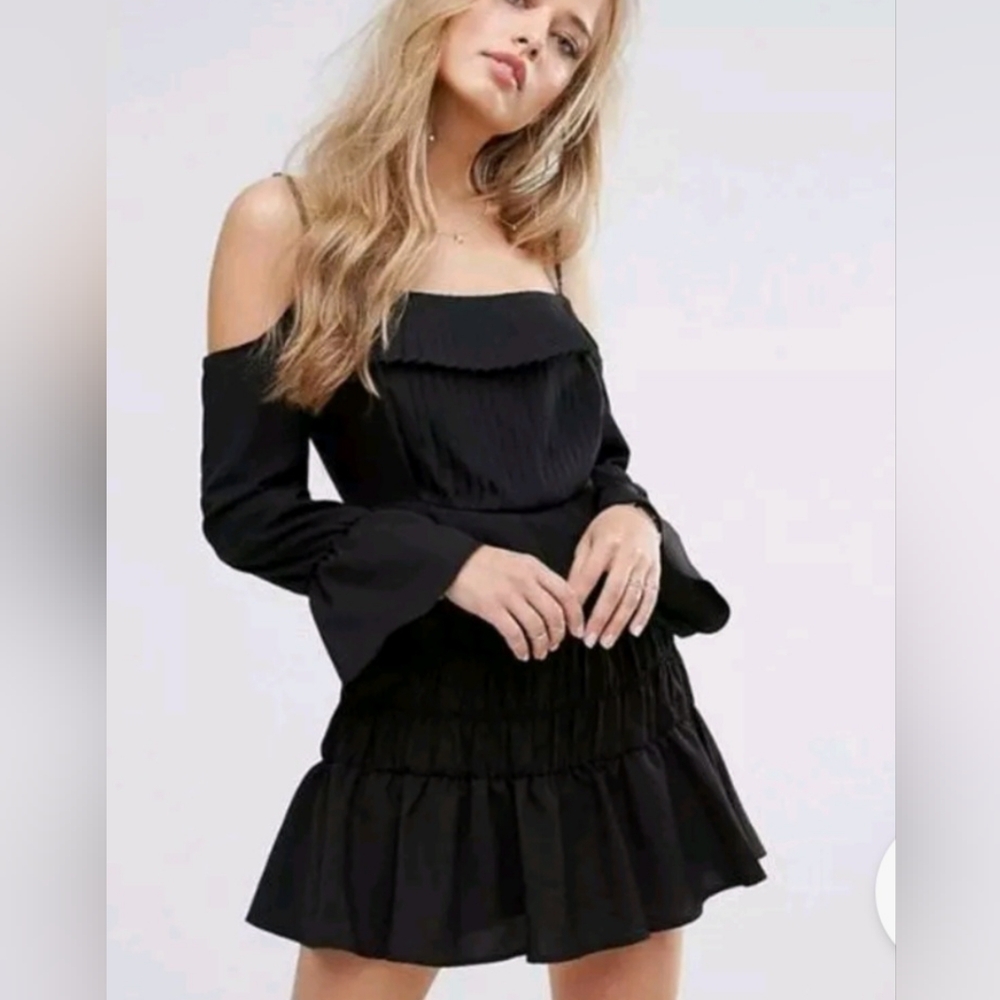 FOXIEDOX by Anthropologie Plisse Tiered Black Cold Shoulder Mini Dress